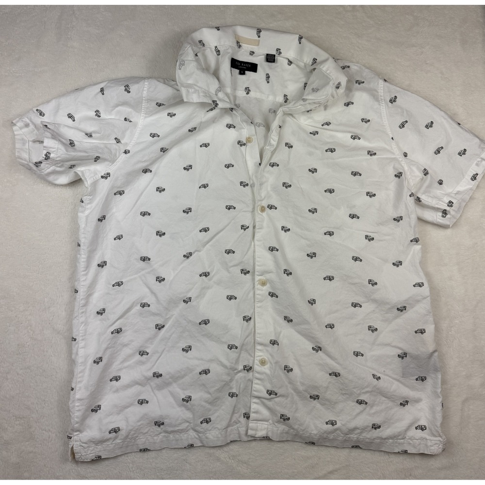 Ted Baker London Mens White Jeep Print Short Sleeve Button Down Shirt Size 5 XL